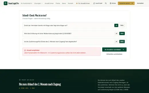 Droht der Vermieter schon mit Klage, endet der Schnell-Check rot und empfiehlt eine Fachanwältin oder einen Fachanwalt für Mietrecht.