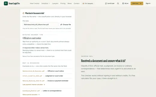 The tool classifies a letter by its file name, here as an official or court letter with a deadline.
