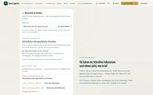 Das Werkzeug ordnet ein Schreiben anhand des Dateinamens ein, hier als behördliches oder gerichtliches Schreiben mit Frist.