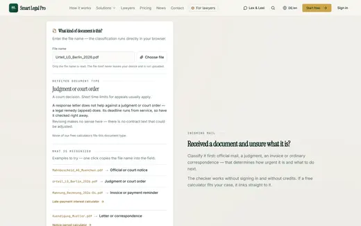 From the file name the tool recognizes a judgment or order and points to appeal deadlines, locally in the browser.