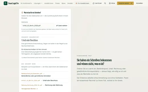 Aus dem Dateinamen erkennt das Werkzeug ein Urteil oder einen Beschluss und weist auf Rechtsmittelfristen hin, lokal im Browser.