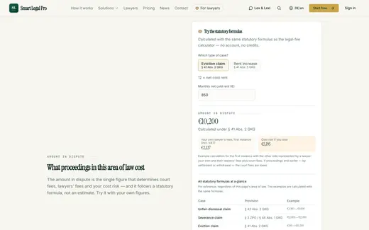 Monthly rent entered: the tool calculates the amount in dispute by the statutory formula and shows cost examples.