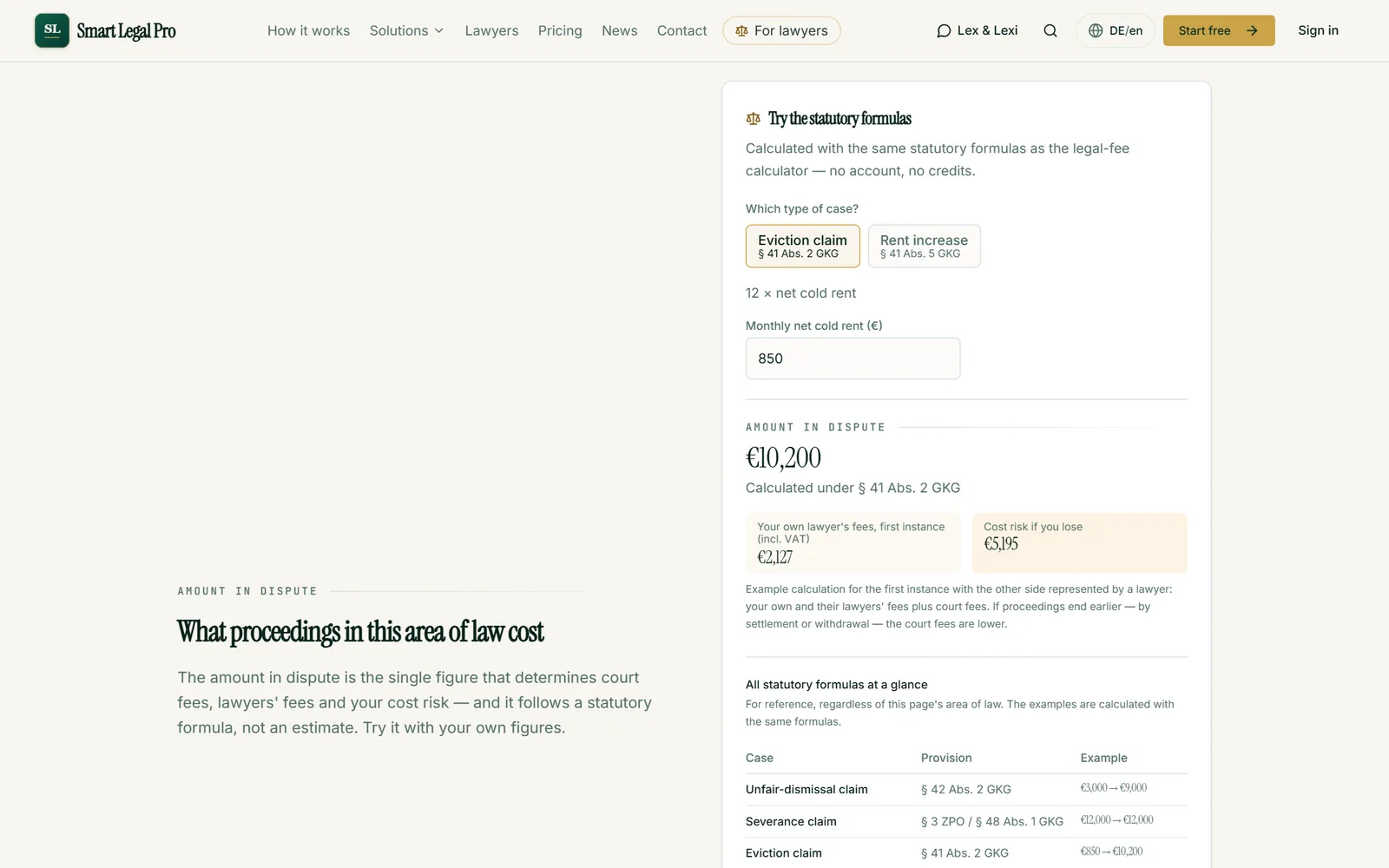Monthly rent entered: the tool calculates the amount in dispute by the statutory formula and shows cost examples.