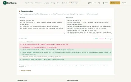 Old and new version of a liability clause side by side: the comparison marks deleted and new lines and counts the changes.