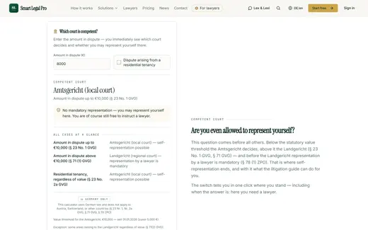 Amount in dispute entered: the tool names the subject-matter competent court and whether mandatory legal representation applies.