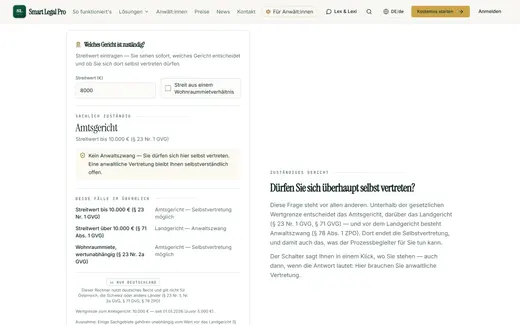 Streitwert eingetragen: Das Werkzeug nennt das sachlich zuständige Gericht und ob Anwaltszwang gilt.