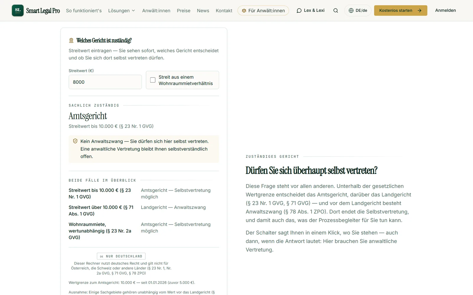 Amount in dispute entered: the tool names the subject-matter competent court and whether mandatory legal representation applies.