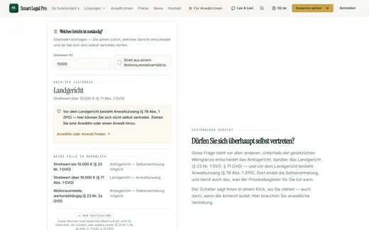 Über der Wertgrenze des Amtsgerichts springt das Ergebnis auf Landgericht und weist auf den Anwaltszwang hin.